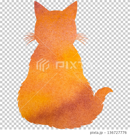 綺麗な水彩模様のネコの後ろ姿のシルエットのアイコンのイメージのイラスト 136727776