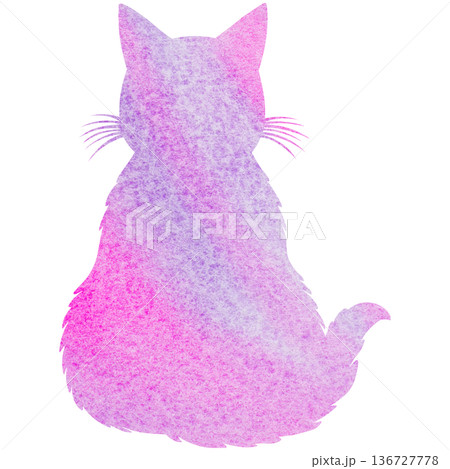綺麗な水彩模様のネコの後ろ姿のシルエットのアイコンのイメージのイラスト 136727778