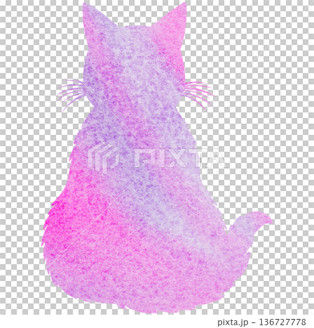 綺麗な水彩模様のネコの後ろ姿のシルエットのアイコンのイメージのイラスト 136727778