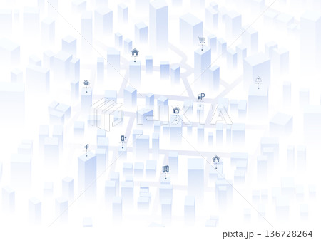 City landscape with poi and markers on the map. Simple minimal town with 3d buildings, urban concept. Exploring available properties, potential choices. Editable vector illustration. White background 136728264