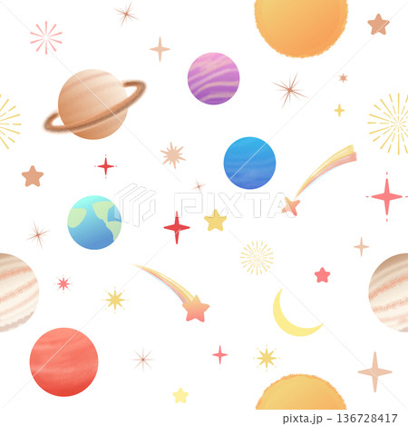 宇宙シームレスパターン - かわいい惑星とキラキラ星 宇宙シームレスパターン - かわいい惑星とキラキラ星 136728417