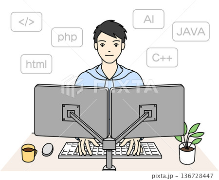 プログラミング言語を扱うエンジニアの男性とデュアルモニター プログラミング言語を扱うエンジニアの男性とデュアルモニター 136728447