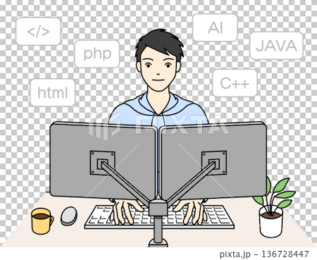 プログラミング言語を扱うエンジニアの男性とデュアルモニター プログラミング言語を扱うエンジニアの男性とデュアルモニター 136728447