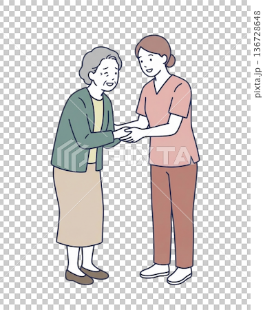高齢女性と女性介護士 手を取り合うケアシーン 白背景 136728648