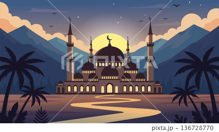 Golden Dome Mosque At Warm Sunset Golden Dome Mosque At Warm Sunset 136728770