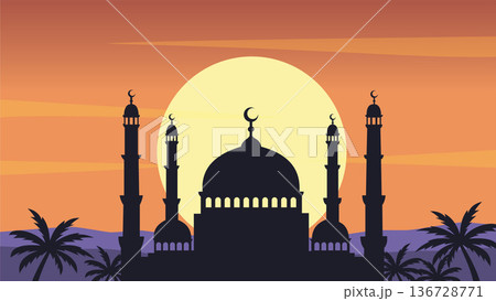 Grand Mosque Silhouette Against Amber Dusk Grand Mosque Silhouette Against Amber Dusk 136728771