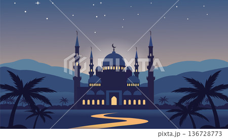 Midnight Mosque Silhouette Under Starry Sky Midnight Mosque Silhouette Under Starry Sky 136728773