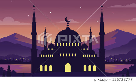 Purple Horizon Mosque At Evening Prayer 136728777