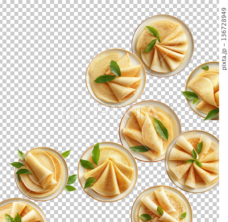 Multiple plates of folded golden crepes decorated with green leaves, top view isolated on white background, concept of food presentation Multiple plates of folded golden crepes decorated with green leaves, top view isolated on white background, concept of food presentation 136728949