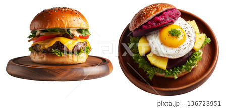 Set of Australia Aussie burger with fried egg, pineapple, beetroot and lettuce on wooden plate, on white transparent background 136728951