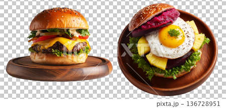 Set of Australia Aussie burger with fried egg, pineapple, beetroot and lettuce on wooden plate, on white transparent background 136728951