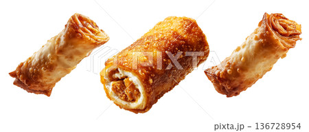 Set of Australia Chiko Roll or crispy  fried chicken wrap stuffed with melted cheese, bell peppers, and meat, on white background 136728954