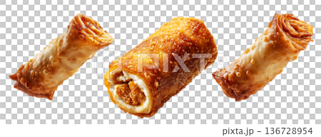 Set of Australia Chiko Roll or crispy fried chicken wrap stuffed with melted cheese, bell peppers, and meat, on white background Set of Australia Chiko Roll or crispy fried chicken wrap stuffed with melted cheese, bell peppers, and meat, on white background 136728954