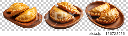 Set of Fijian curry puffs or fried empanadas with spicy potato isolated on white background, Fiji takeaway and street foods Set of Fijian curry puffs or fried empanadas with spicy potato isolated on white background, Fiji takeaway and street foods 136728956
