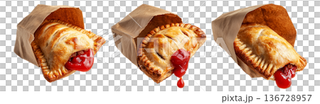 Set of Australia baked meat hand pie  with ketchup topping wrapped in paper bag, on white background, concept of takeaway snack 136728957
