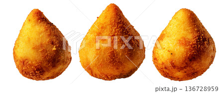Fried Brazilian coxinhas cone snack filled shredded chicken cheese with golden crispy texture isolated on white background Fried Brazilian coxinhas cone snack filled shredded chicken cheese with golden crispy texture isolated on white background 136728959