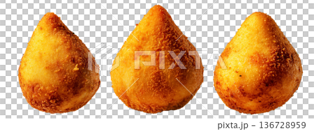 Fried Brazilian coxinhas cone snack filled shredded chicken cheese with golden crispy texture isolated on white background Fried Brazilian coxinhas cone snack filled shredded chicken cheese with golden crispy texture isolated on white background 136728959