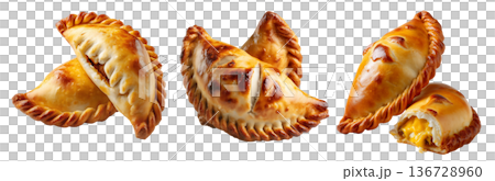 Fried baked pastry empanadas filled with ground beef cheese ham and crimped edges, isolated on white background Fried baked pastry empanadas filled with ground beef cheese ham and crimped edges, isolated on white background 136728960