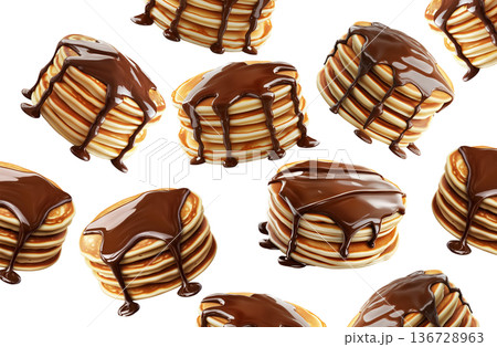 Multiple stacks of fluffy pancakes topped with rich chocolate syrup, isolated on white background, concept of sweet breakfast Multiple stacks of fluffy pancakes topped with rich chocolate syrup, isolated on white background, concept of sweet breakfast 136728963