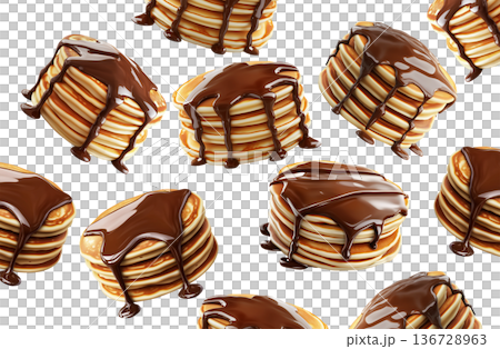 Multiple stacks of fluffy pancakes topped with rich chocolate syrup, isolated on white background, concept of sweet breakfast Multiple stacks of fluffy pancakes topped with rich chocolate syrup, isolated on white background, concept of sweet breakfast 136728963