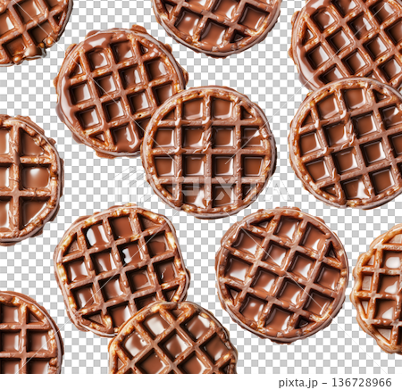 Multiple chocolate covered waffles arranged in a flat lay style isolated on white background, showing a sweet dessert food concept Multiple chocolate covered waffles arranged in a flat lay style isolated on white background, showing a sweet dessert food concept 136728966
