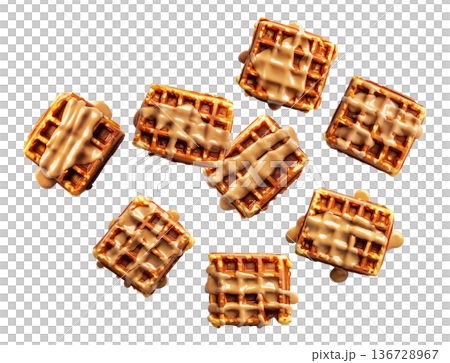Golden brown square waffles drizzled with caramel sauce, in flat lay style isolated on white background, concept of sweet food 136728967