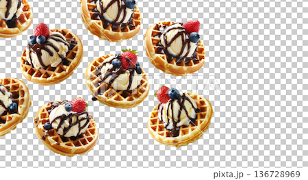 Multiple waffles topped with ice cream, chocolate and berries isolated on white background, concept of sweet dessert 136728969