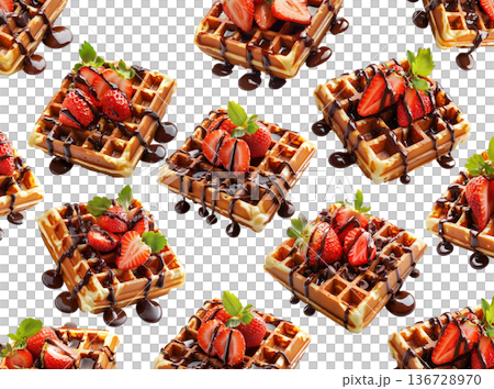 Sweet waffles with strawberries and chocolate isolated on white background, concept of tasty breakfast pattern Sweet waffles with strawberries and chocolate isolated on white background, concept of tasty breakfast pattern 136728970