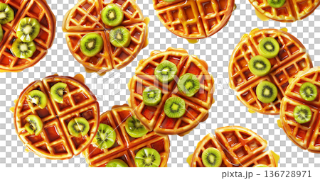 Round waffles with kiwi slices and syrup isolated on white background, concept of sweet breakfast food 136728971