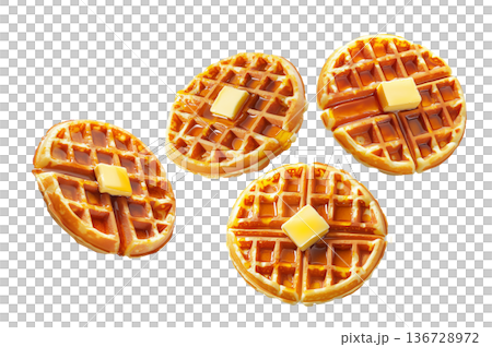 Delicious golden waffles topped with butter and syrup isolated on a white background. Concept of breakfast food Delicious golden waffles topped with butter and syrup isolated on a white background. Concept of breakfast food 136728972