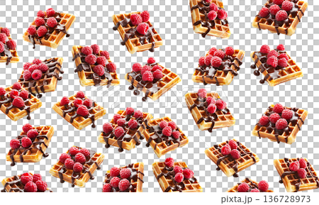 Belgian waffles with raspberries and chocolate isolated on white background as concept of tasty dessert 136728973