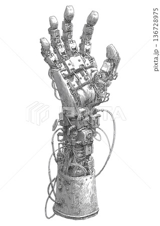 Mechanical cybernetic hand with exposed components in detailed sketch style on white background, concept of advanced robotics 136728975