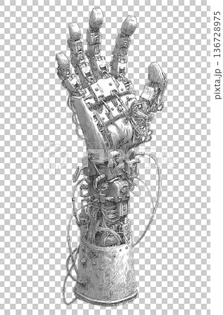 Mechanical cybernetic hand with exposed components in detailed sketch style on white background, concept of advanced robotics 136728975