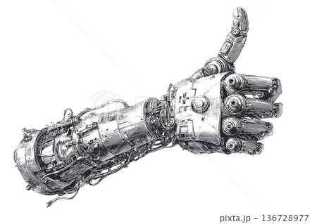 Mechanical robotic hand giving thumbs up, detailed sketch style isolated on white background, symbolizing technology approval 136728977