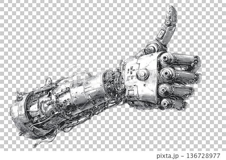 Mechanical robotic hand giving thumbs up, detailed sketch style isolated on white background, symbolizing technology approval 136728977