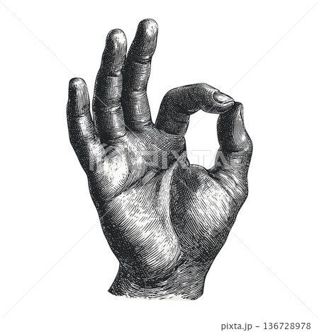 Engraved depiction of a hand making an OK gesture in detailed line style on white background, representing approval and positivity 136728978