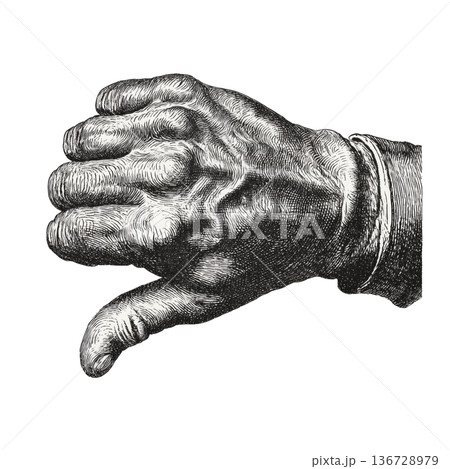 Vintage engraved hand showing thumb down isolated on white background symbolizing disapproval and negative feedback Vintage engraved hand showing thumb down isolated on white background symbolizing disapproval and negative feedback 136728979