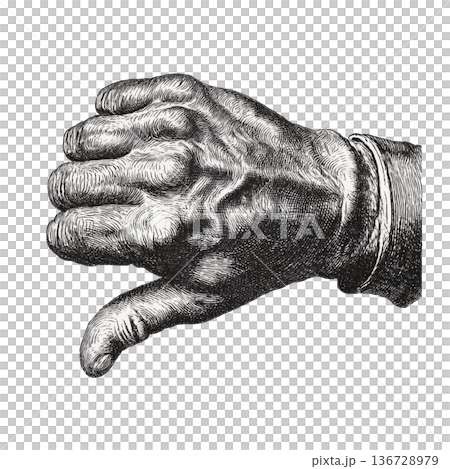 Vintage engraved hand showing thumb down isolated on white background symbolizing disapproval and negative feedback Vintage engraved hand showing thumb down isolated on white background symbolizing disapproval and negative feedback 136728979