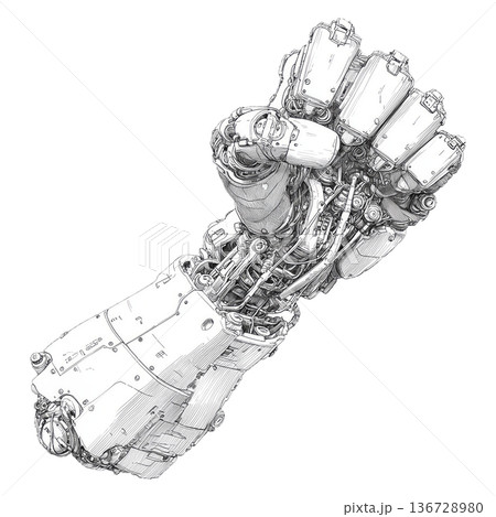 A detailed mechanical robotic fist drawn in technical line style isolated on white background, symbolizing technology power A detailed mechanical robotic fist drawn in technical line style isolated on white background, symbolizing technology power 136728980