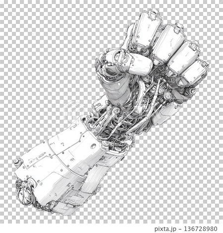 A detailed mechanical robotic fist drawn in technical line style isolated on white background, symbolizing technology power A detailed mechanical robotic fist drawn in technical line style isolated on white background, symbolizing technology power 136728980