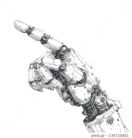 Mechanical robotic hand pointing up in sketch style isolated on white background, symbolizing technology and innovation progress 136728981