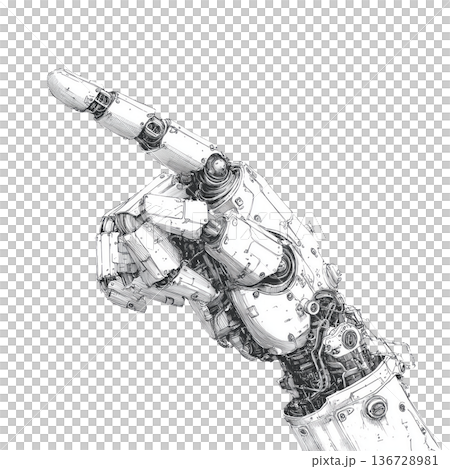 Mechanical robotic hand pointing up in sketch style isolated on white background, symbolizing technology and innovation progress 136728981