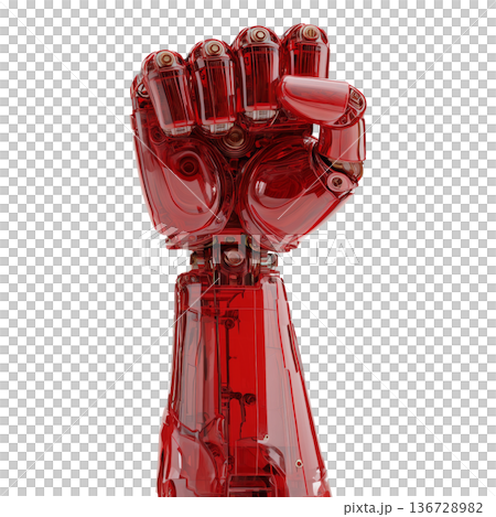 Red transparent mechanical fist shown close-up in glossy style isolated on white background, symbolizing strength and innovation Red transparent mechanical fist shown close-up in glossy style isolated on white background, symbolizing strength and innovation 136728982
