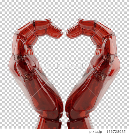 Red transparent robotic hands forming a heart shape in glossy style on white background, symbolizing love, unity, and technology 136728985