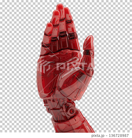 A red transparent robotic open palm hand in glossy style on white background, symbolizing technology and innovation concepts 136728987