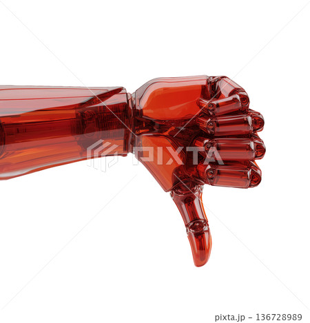 Red transparent robotic hand showing thumbs down in glossy style isolated on white background symbolizing strong disapproval 136728989