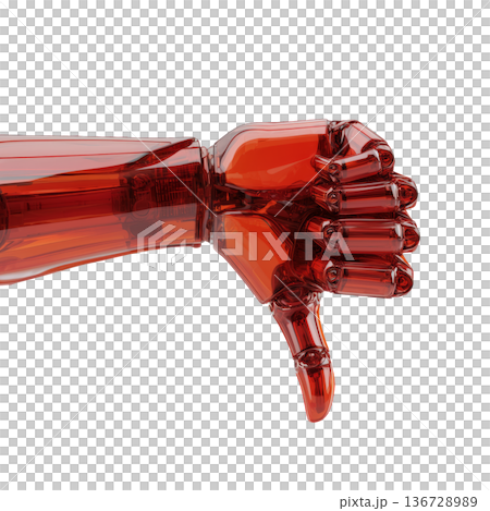 Red transparent robotic hand showing thumbs down in glossy style isolated on white background symbolizing strong disapproval Red transparent robotic hand showing thumbs down in glossy style isolated on white background symbolizing strong disapproval 136728989
