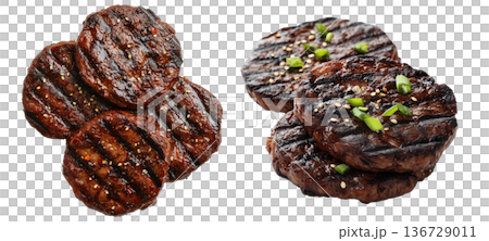 Glazed grilled pork ribs Tteokgalbi with sesame seeds, isolated on white transparent background. Concept of barbecue 136729011