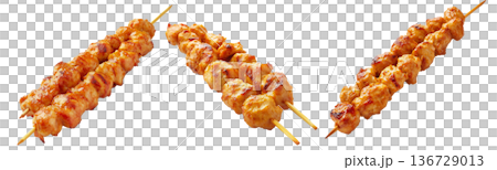 Grilled chicken Satay skewer with a golden brown glaze, isolated on white background, concept of tasty street food 136729013