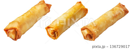 Crispy golden spring rolls with flaky texture shown isolated on white transparent background, Asian snack concept Crispy golden spring rolls with flaky texture shown isolated on white transparent background, Asian snack concept 136729017